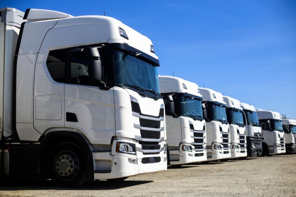 a fleet of trucks lined up after a completed scheduled maintenance