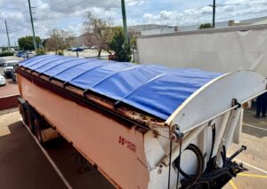 blue roll tarp on white tray