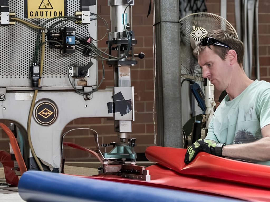Worker repairing red tautliner curtain material in a workshop.